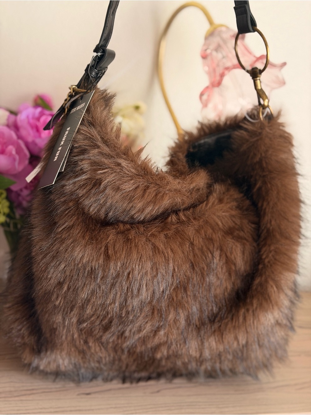 Steve Madden Luxe Brown Faux Fur Hobo Shoulder Bag Premium Plush Fall Y2K NWT